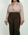 Model is wearing Blouse Longsleeve taupe chiffon body suit She's Elegant