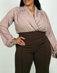 Model is wearing Blouse Longsleeve taupe chiffon body suit She's Elegant
