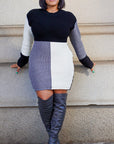 Model is wearing Color Block Knit Sweater Dress She's Elegant