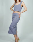 Model is wearing Lavender Pointe High Waisted Pencil Midi Skirt And Corset Square Neckline Top Set She's Elegant