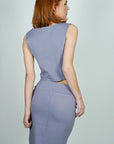 Model is wearing Lavender Pointe High Waisted Pencil Midi Skirt And Corset Square Neckline Top Set She's Elegant