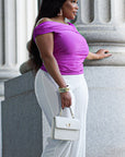 Model is wearing Magenta off the shoulder satin blouse She's Elegant