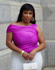 Model is wearing Magenta off the shoulder satin blouse She's Elegant