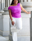Model is wearing Magenta off the shoulder satin blouse She's Elegant