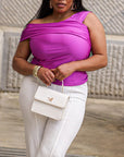 Model is wearing Magenta off the shoulder satin blouse She's Elegant