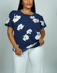 Model is wearing Navy Floral Printed Top with Puff sleeves She's Elegant
