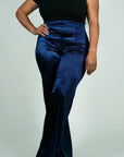 Model is wearing Navy Satin Stretchy Highwasted pants She's Elegant