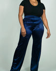 Model is wearing Navy Satin Stretchy Highwasted pants She's Elegant