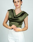 Model is wearing Olive green Satin Sleeveless Cowl Top with shoulder pads She's Elegant