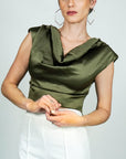 Model is wearing Olive green Satin Sleeveless Cowl Top with shoulder pads She's Elegant