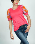 Model is wearing Pink- Floral Printed Detailed- Puff Sleeve Top She's Elegant