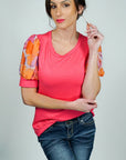 Model is wearing Pink- Floral Printed Detailed- Puff Sleeve Top She's Elegant