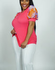 Model is wearing Pink- Floral Printed Detailed- Puff Sleeve Top She's Elegant