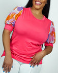 Model is wearing Pink- Floral Printed Detailed- Puff Sleeve Top She's Elegant