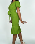 Model is wearing Puff Sleeve Belted Mermaid ruffle Midi Dress She's Elegant