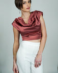 Model is wearing Rose pink Satin Sleeveless Cowl Top with shoulder pads She's Elegant