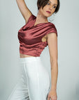 Model is wearing Rose pink Satin Sleeveless Cowl Top with shoulder pads She's Elegant