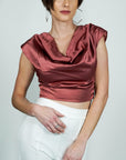 Model is wearing Rose pink Satin Sleeveless Cowl Top with shoulder pads She's Elegant