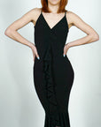 Model is wearing Ruffle Front Wrap and Hem Maxi Dress She's Elegant