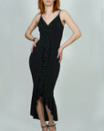 Model is wearing Ruffle Front Wrap and Hem Maxi Dress She's Elegant