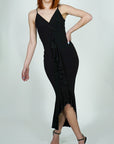 Model is wearing Ruffle Front Wrap and Hem Maxi Dress She's Elegant