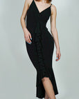 Model is wearing Ruffle Front Wrap and Hem Maxi Dress She's Elegant