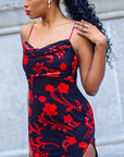 Model is wearing Sexy Mesh midi dress with Flocking Cowl Velvet floral print Sexy Mesh Red and Black midi dress with Flocking Cowl Velvet floral print She's Elegant
