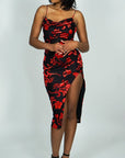 Model is wearing Sexy Mesh midi dress with Flocking Cowl Velvet floral print She's Elegant