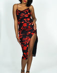 Model is wearing Sexy Mesh midi dress with Flocking Cowl Velvet floral print She's Elegant