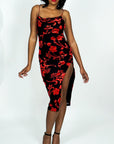 Model is wearing Sexy Mesh midi dress with Flocking Cowl Velvet floral print She's Elegant