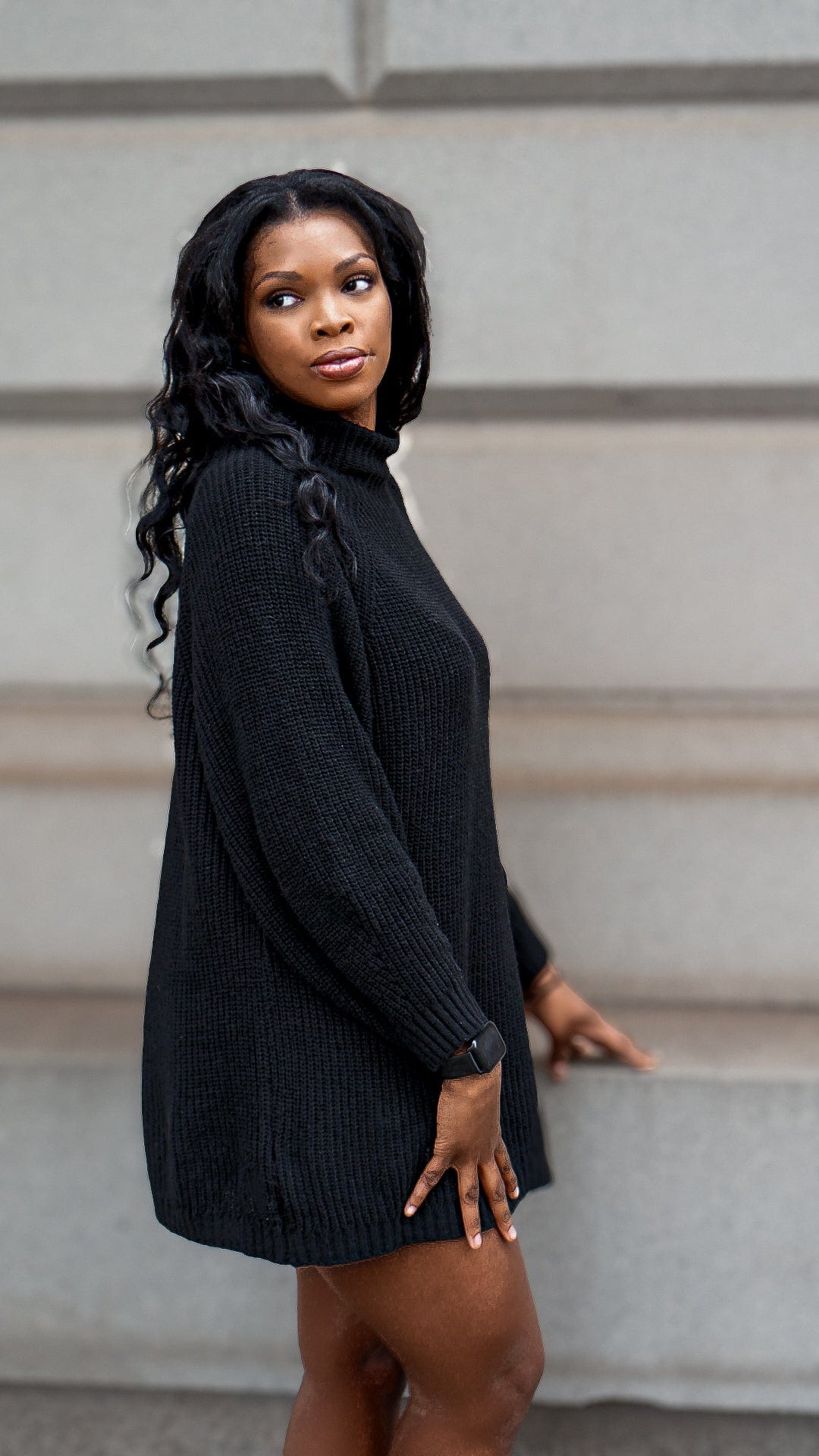 Model is wearing Long sleeve dress High Neck Knit Sweater Dress-Pull Over She&#39;s Elegant 