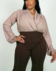 Model is wearing Long sleeve taupe chiffon body suit She's Elegant 