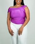 Model is wearing Magenta off the shoulder satin blouse She's Elegant 