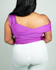 Model is wearing Magenta off the shoulder satin blouse She's Elegant 