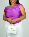 Model is wearing Magenta off the shoulder satin blouse She's Elegant 