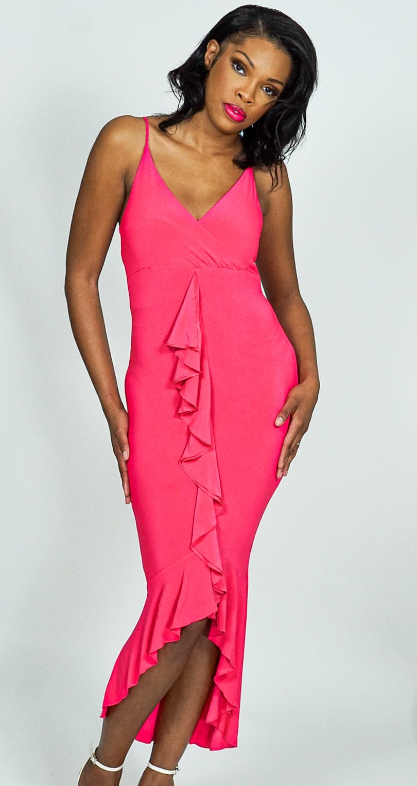 Model is wearing Magenta Ruffle Front Wrap -Ruffle Hem -Maxi Dress She&#39;s Elegant 