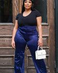 Model is wearing Navy Satin Stretchy Highwasted pants She's Elegant 