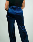 Model is wearing Navy Satin Stretchy Highwasted pants She's Elegant 