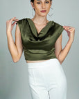 Model is wearing Olive green Satin Sleeveless Cowl Top with shoulder pads She's Elegant