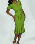 Model is wearing Puff Sleeve Belted Mermaid ruffle Midi Dress She's Elegant 