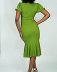 Model is wearing Puff Sleeve Belted Mermaid ruffle Midi Dress She's Elegant 