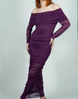 Model is wearing Purple Sheer Long Sleeve Mesh Midi Dress with sheer flowy Hem bottom She's Elegant 