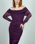 Model is wearing Purple Sheer Long Sleeve Mesh Midi Dress with sheer flowy Hem bottom She's Elegant 