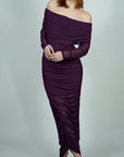 Model is wearing Purple Sheer Long Sleeve Mesh Midi Dress with sheer flowy Hem bottom She's Elegant 