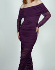 Model is wearing Purple Sheer Long Sleeve Mesh Midi Dress with sheer flowy Hem bottom She's Elegant 