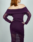 Model is wearing Purple Sheer Long Sleeve ruched  Mesh Midi Dress with sheer bottom She's Elegant 