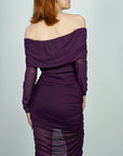 Model is wearing Purple Sheer Long Sleeve ruched  Mesh Midi Dress with sheer bottom She's Elegant 