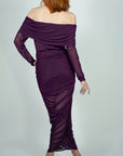 Model is wearing Purple Sheer Long Sleeve ruched  Mesh Midi Dress with sheer bottom She's Elegant 