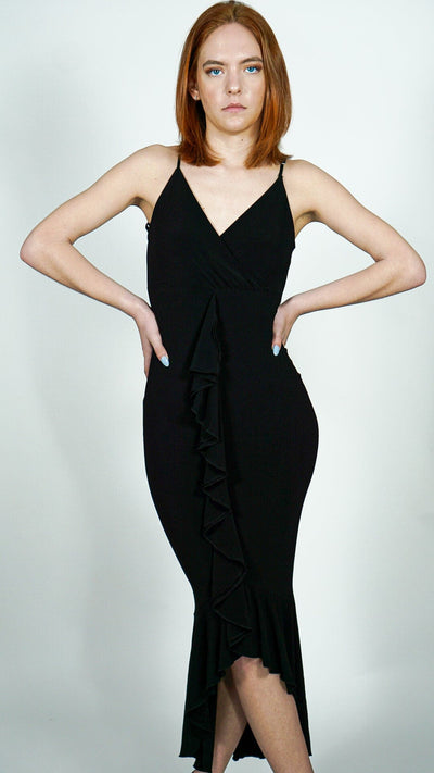 Model is wearing Ruffle Front Wrap and Hem Maxi Dress She's Elegant