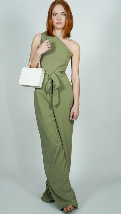 Model is wearing Sage One Shoulder Jumpsuit With Selftie Belt She's Elegant 